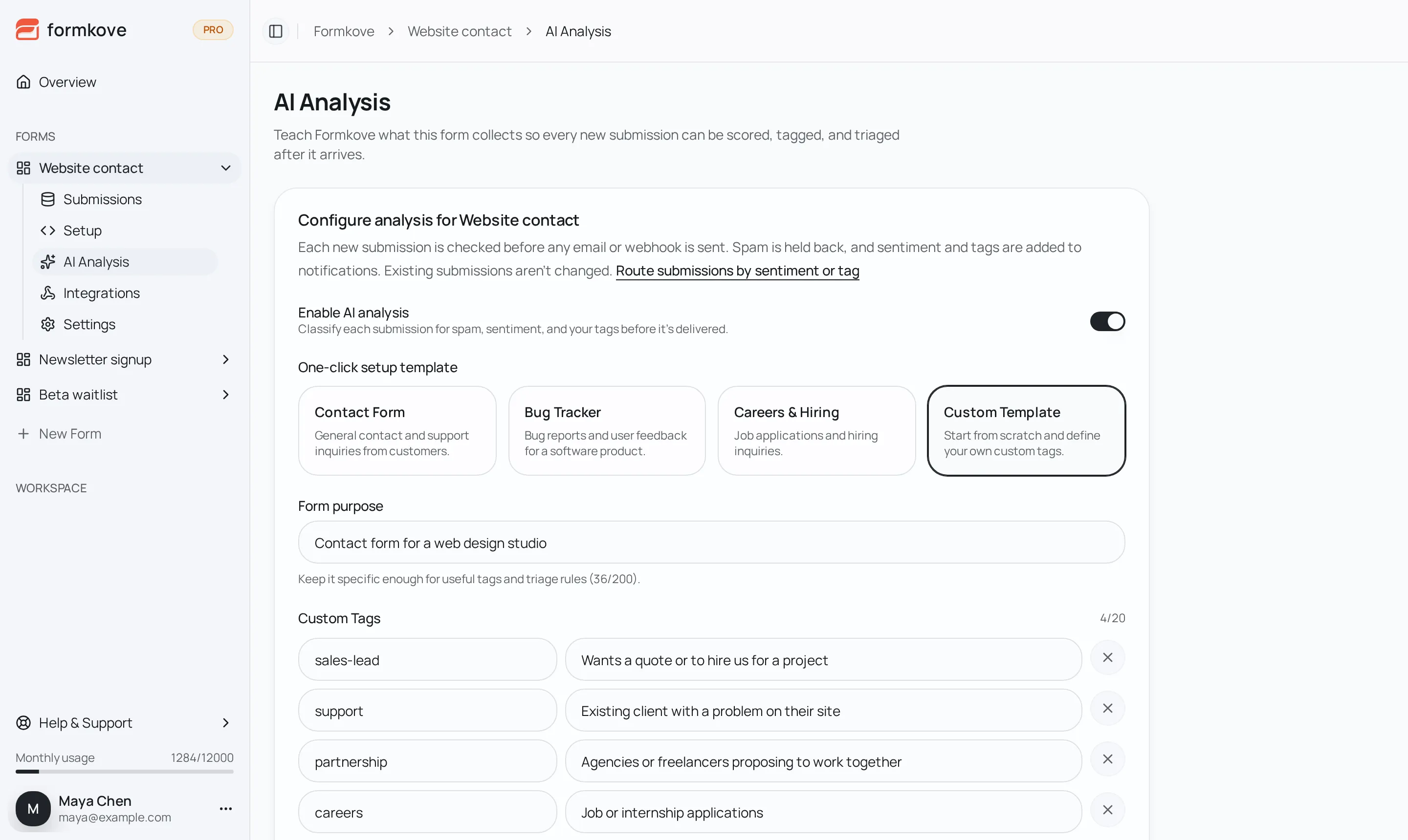 The AI Analysis settings for a contact form, with tags for sales-lead, support, partnership and careers, each with a short description